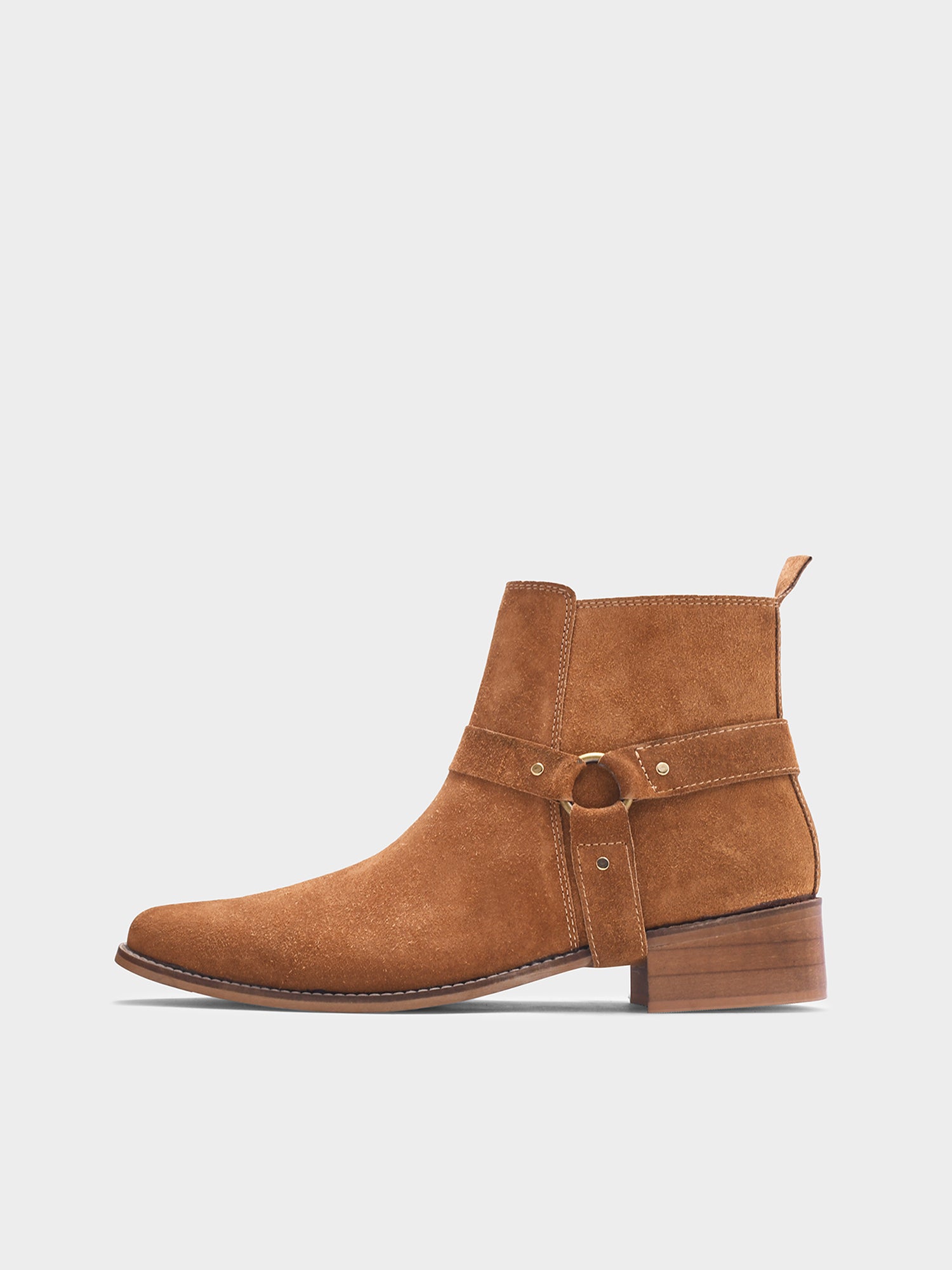 Tan suede boots on Cuban heel with tan coloured buckle on side with golden accents