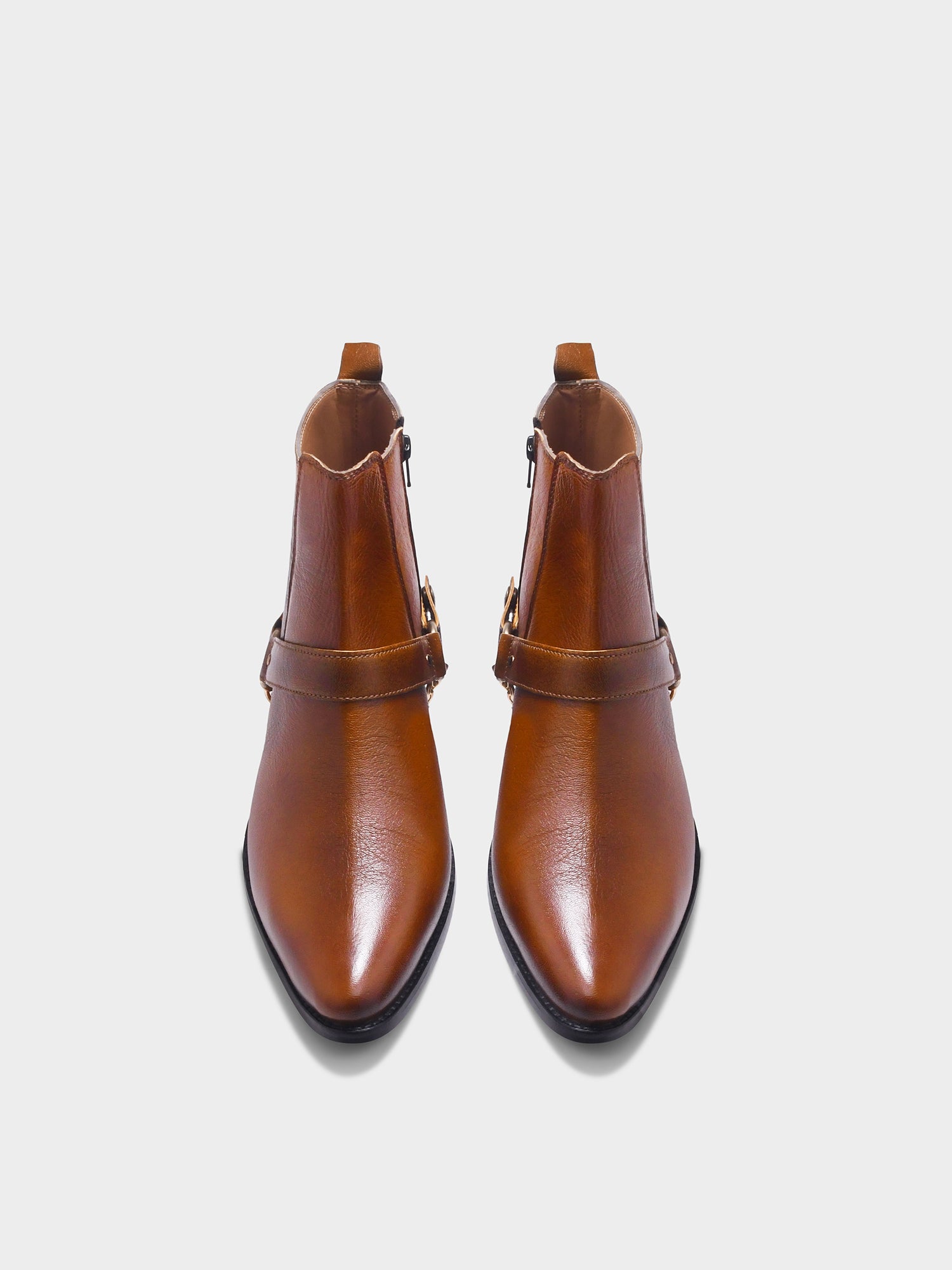 RNK Luxe Logan men's tan leather boots with gold chain detail and Cuban heel, pointed toe handcrafted luxury footwear