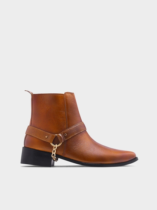 RNK Luxe Logan men's tan leather boots with gold chain detail and Cuban heel, pointed toe handcrafted luxury footwear