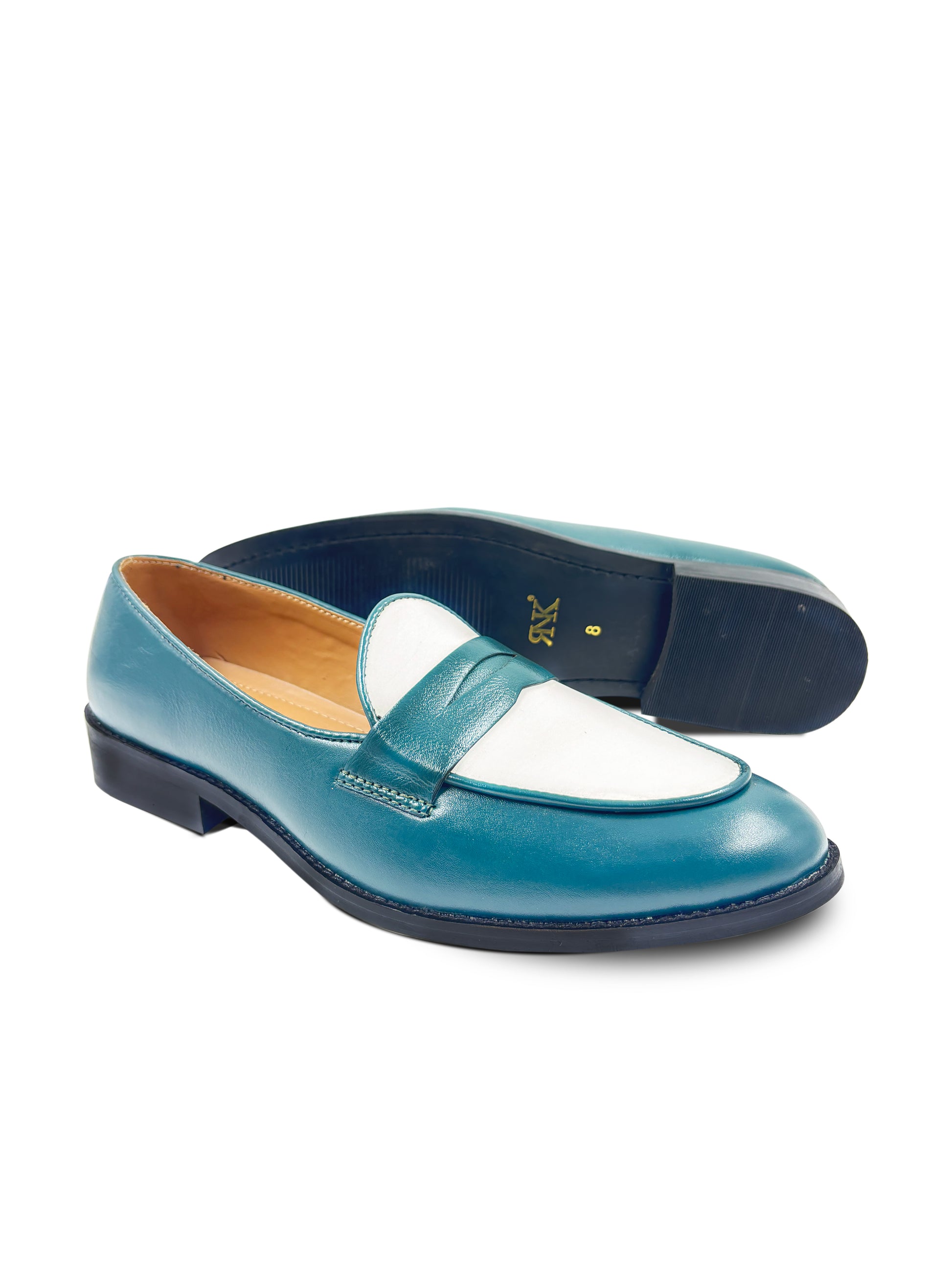 Green leather penny loafers with white leather finish on top on mid heel