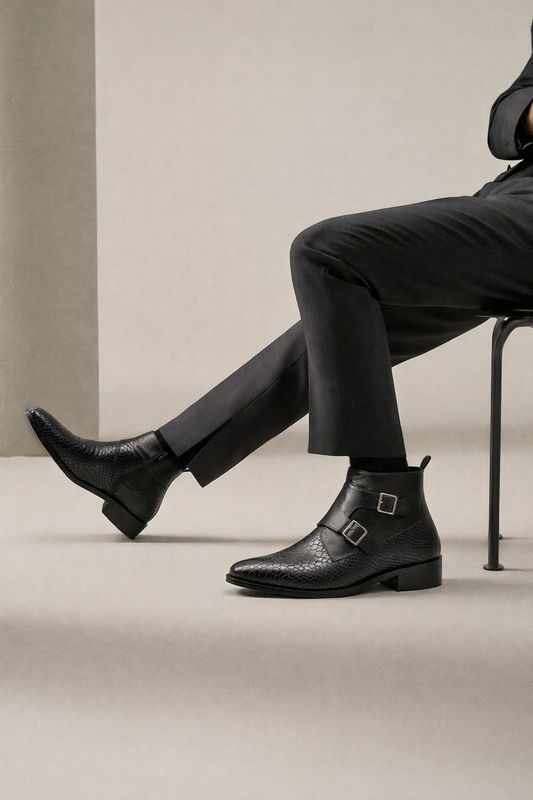 The Royale – Black Textured Double Monk Boots