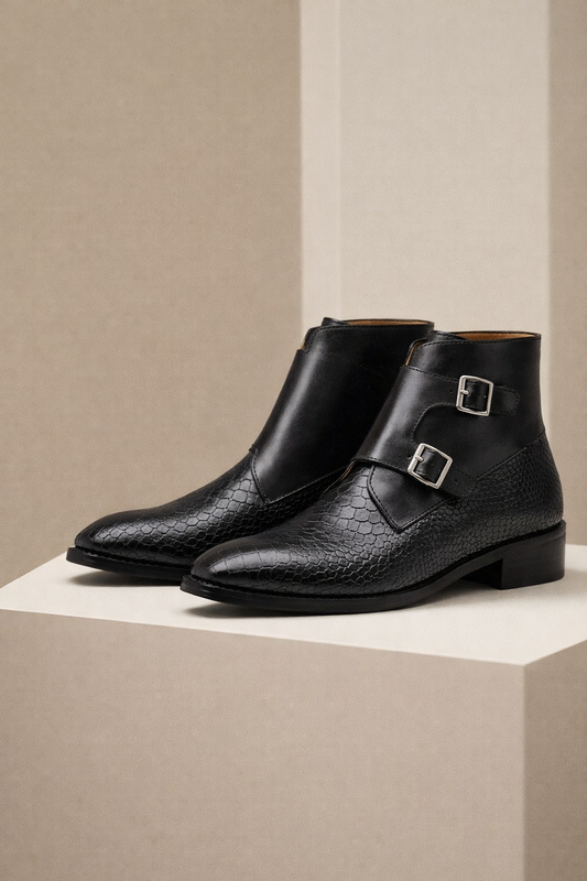 The Royale – Black Textured Double Monk Boots