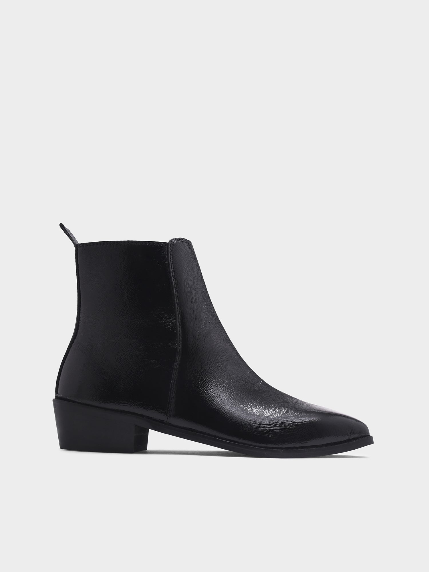 Black patent leather boots with side zipper on a Cuban heel