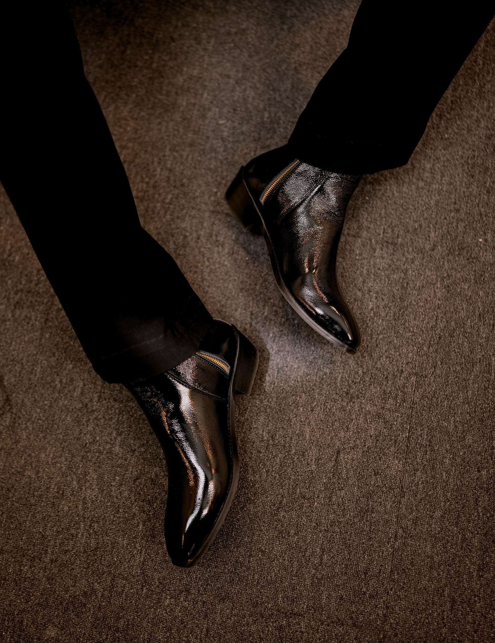 Close-up of a black patent boot named Knight walker designed b RNK Luxe