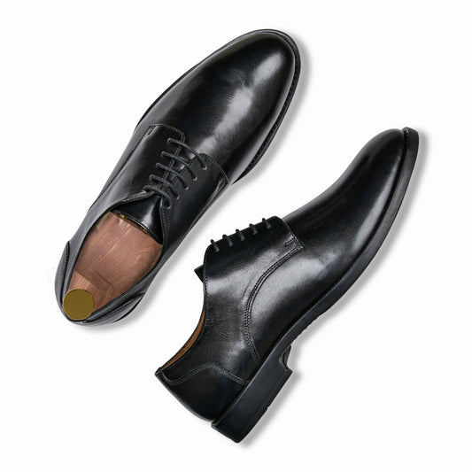Pair of black leather dress shoes on a white background