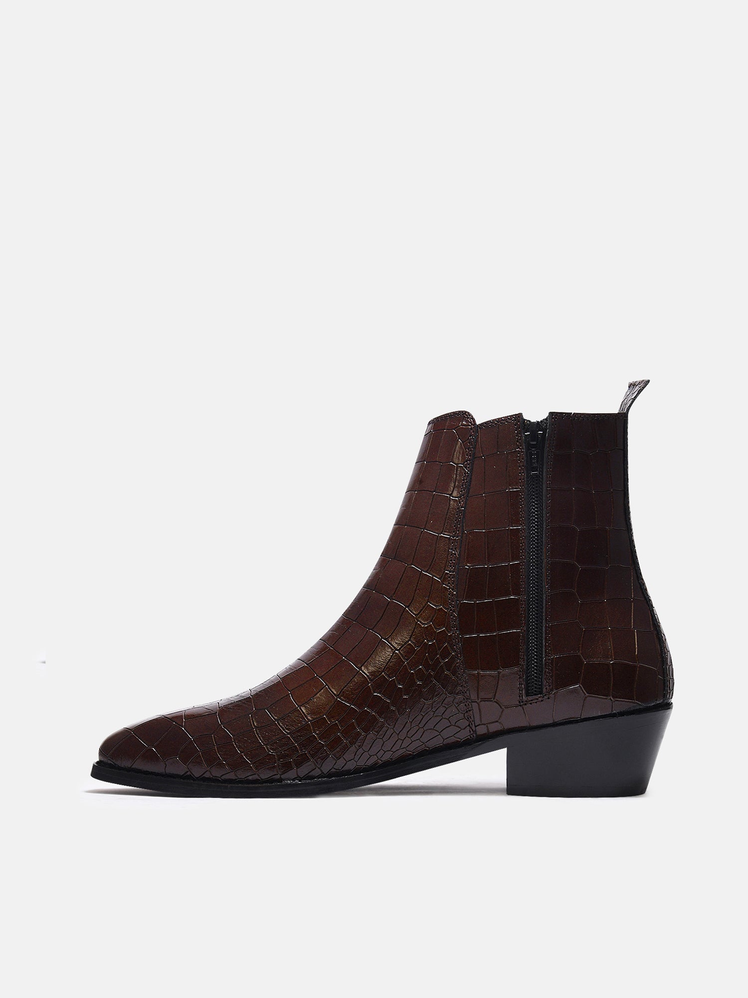 A brown leather side zip boot with a crocodile pattern and a Cuban heel.