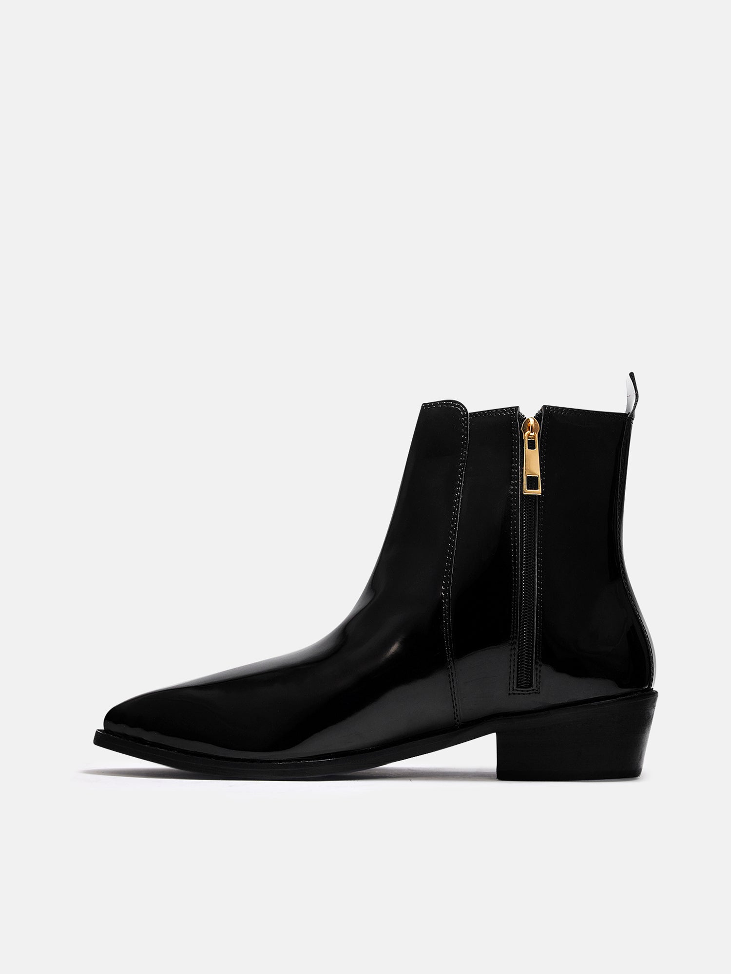 A man's patent leather boot in black or a Cuban heel