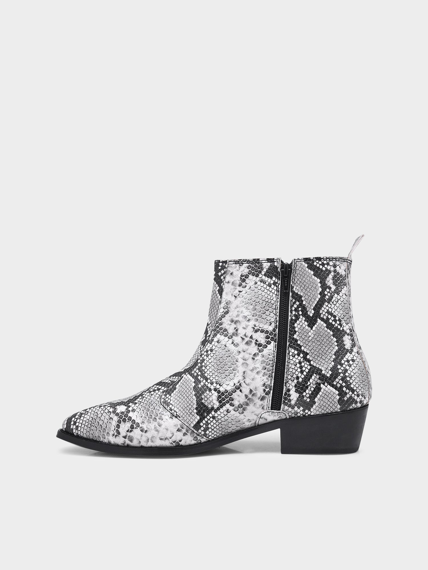 A black and white snake printed leather boot with square toe and a black colour Cuban heel