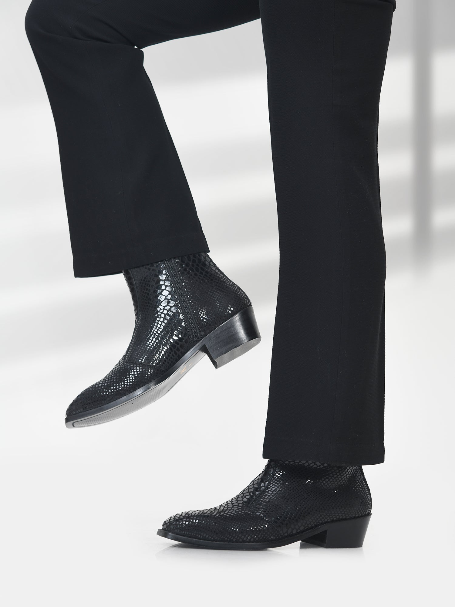 Textured Morgoth - Sqaure Toe Cuban Heel Boot in Black Snakeskin-Textured LeatherLeather Boots in Black | RNK LUXE Leather Boots in Black