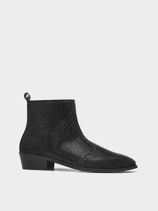 Morgoth - Sqaure Toe Cuban Heel Boot in Black Snakeskin-Textured LeatherLeather Boots in Black | RNK LUXE