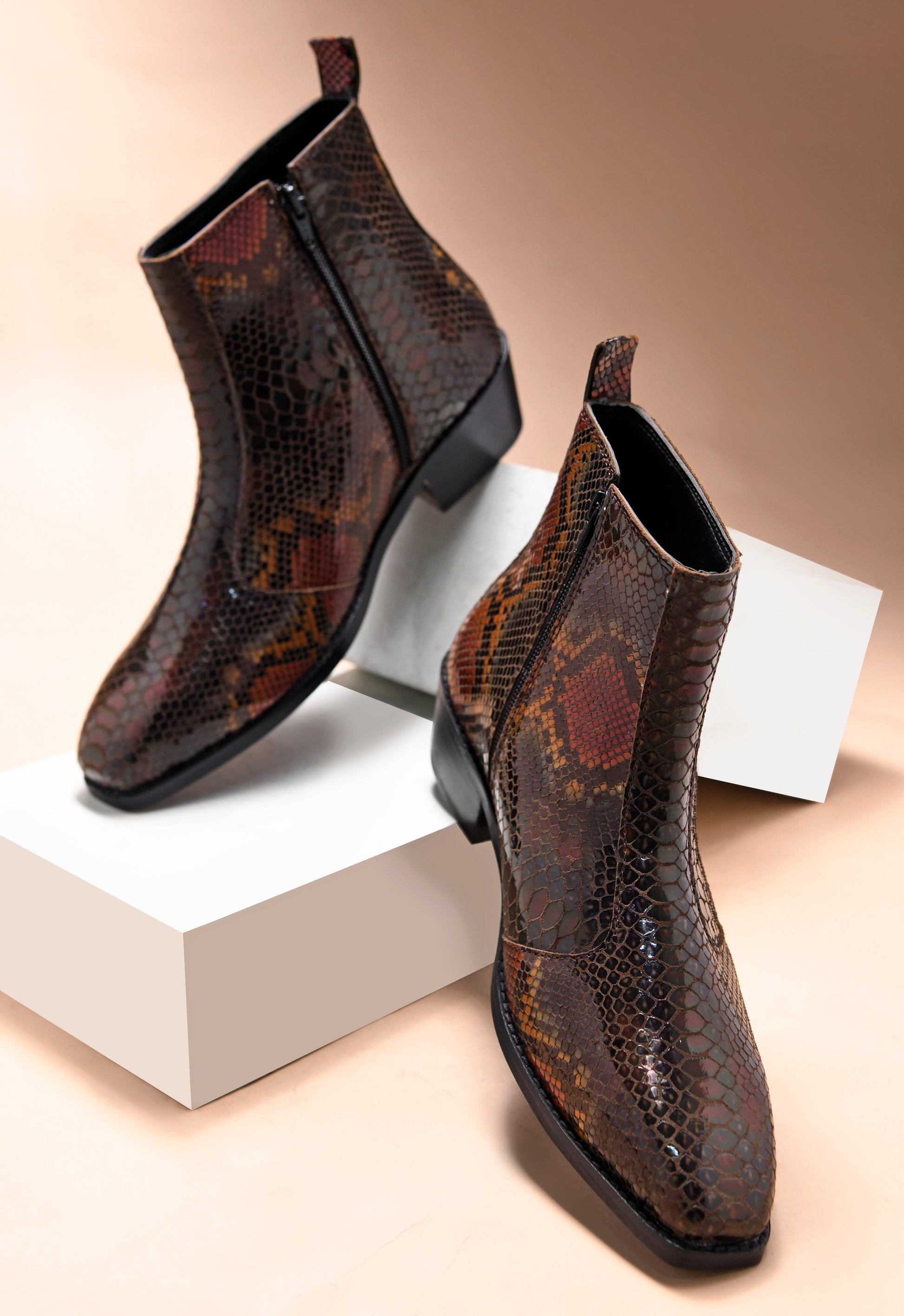 Morgoth - Sqaure Toe Cuban Heel Boot in Brown Snakeskin-Textured Leather | RNK LUXE