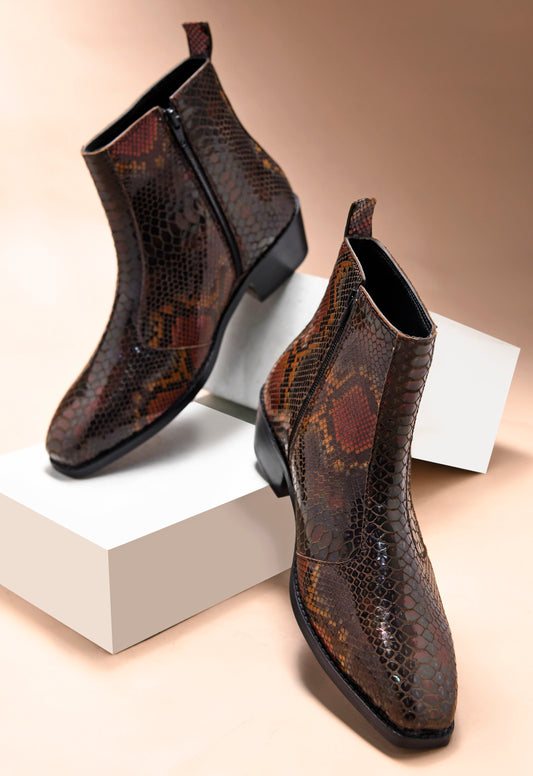 Morgoth - Sqaure Toe Cuban Heel Boot in Brown Snakeskin-Textured Leather | RNK LUXE