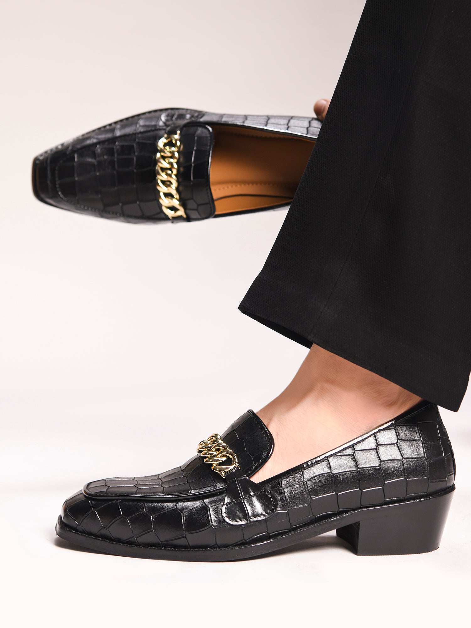 Noir Luxe Croc - Embossed Chain Loafers