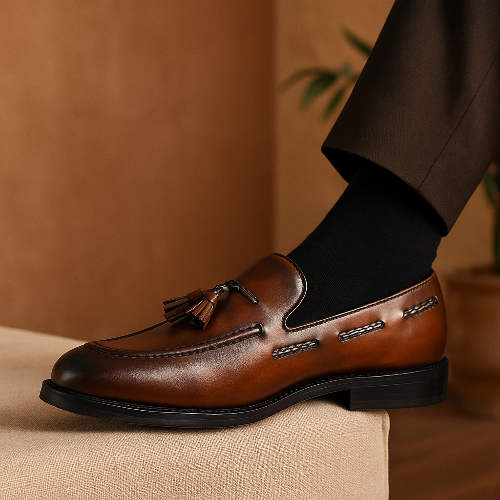 Brown leather loafer with tassel worn by a person on a beige surface.