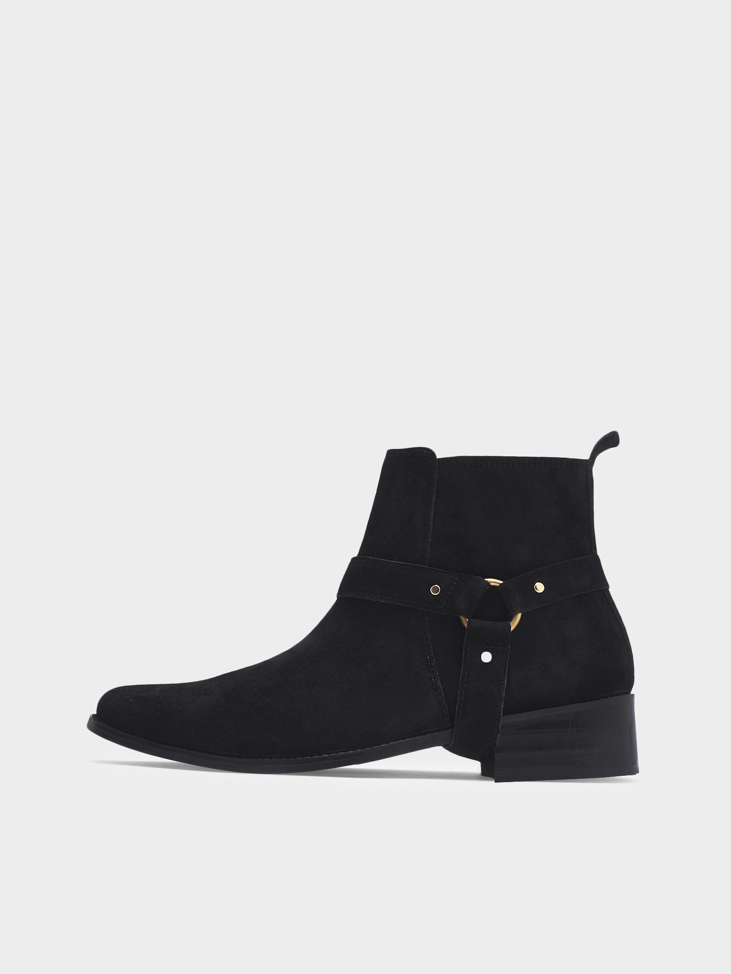 Phantom black suede harness boots for men featuring a pointed toe, side zip closure, and attached leather thong strap – luxury ankle boots by RNK Luxe for bold, stylish looks.