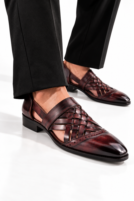 RNK PADUKA – Dark Brown Woven Leather Sandals for Men