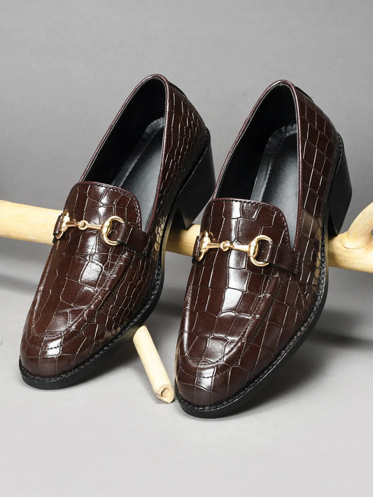 Pair of a Crocodile textured brown leather loafers with horsebit buckle on Cuban heel
