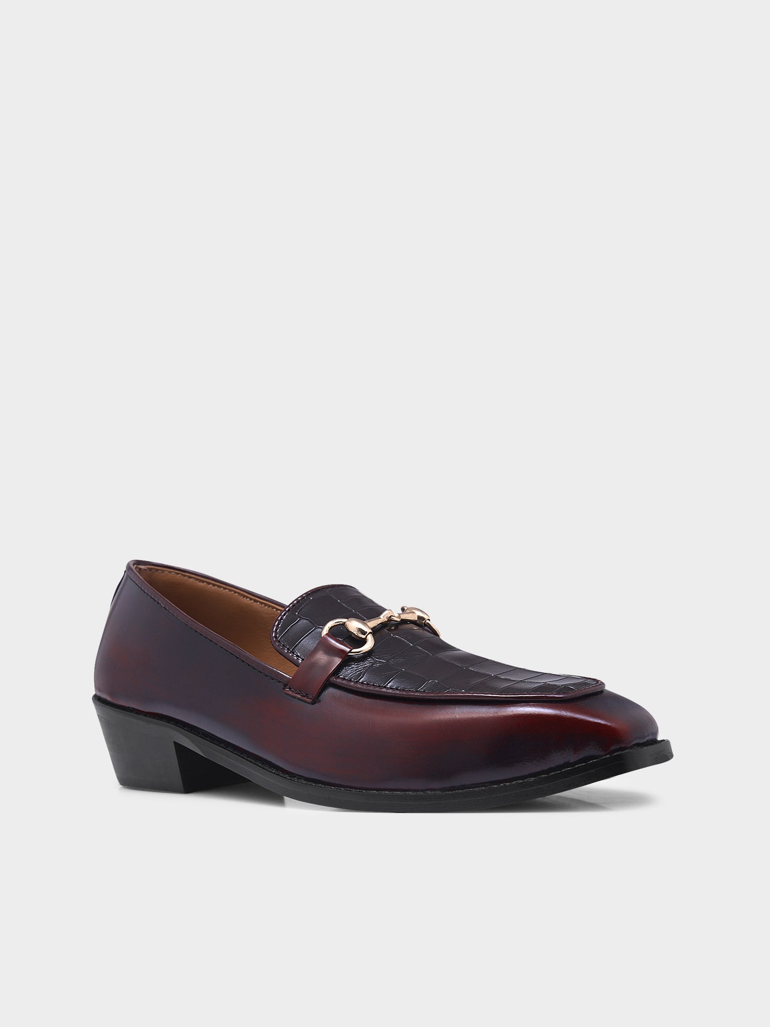 A cherry leather loafer in which it embossed with brown croco leather on top with a golder horesit buckle