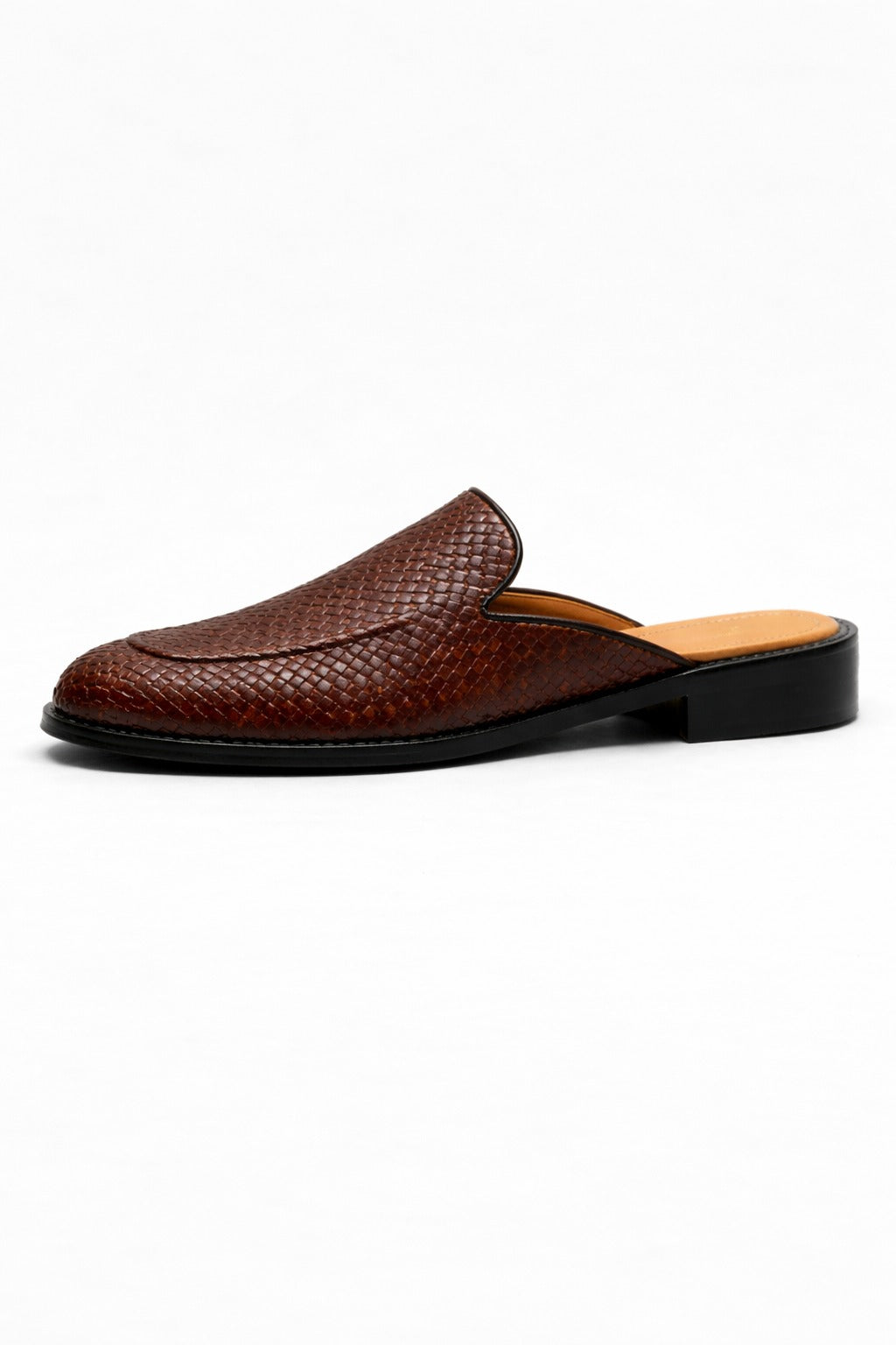 Brown woven leather slip-on shoe on a white background
