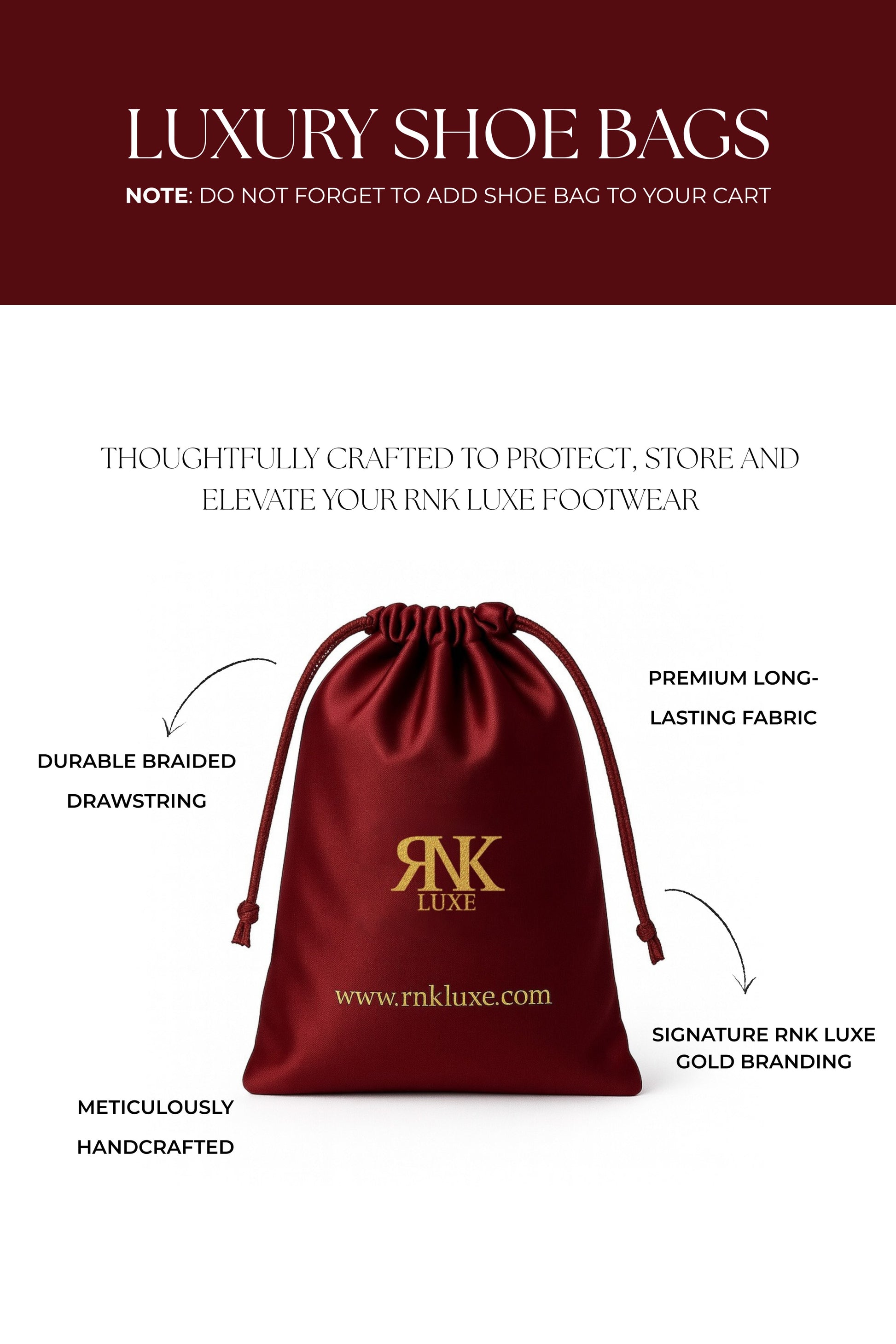 Red shoe bag with gold branding on a white background, featuring text about luxury shoe bags.