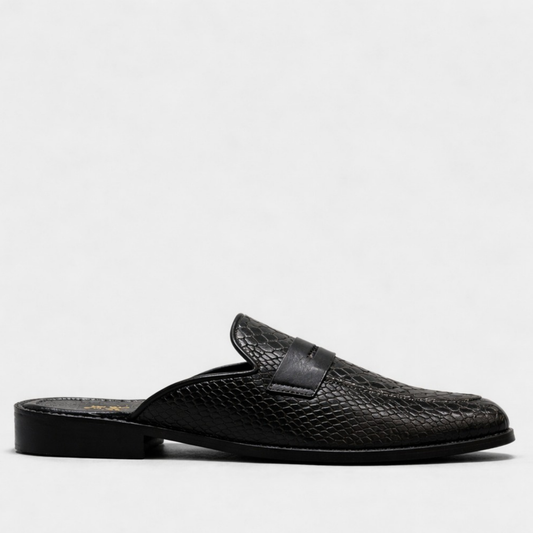 Boston – Black Snake Texture Leather Mules | Premium Slip-On Luxury Shoes for Men | RNK Luxe
