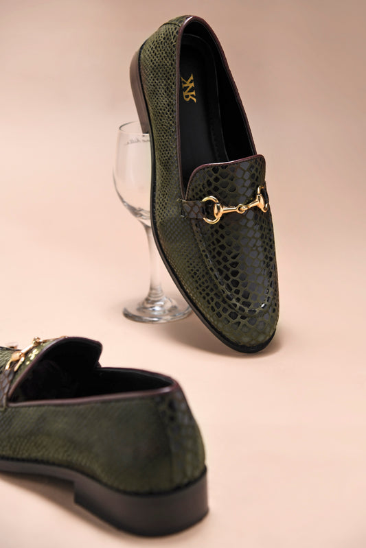 RNK's python textured brown loafers on mid  heel with horsebit buckle 