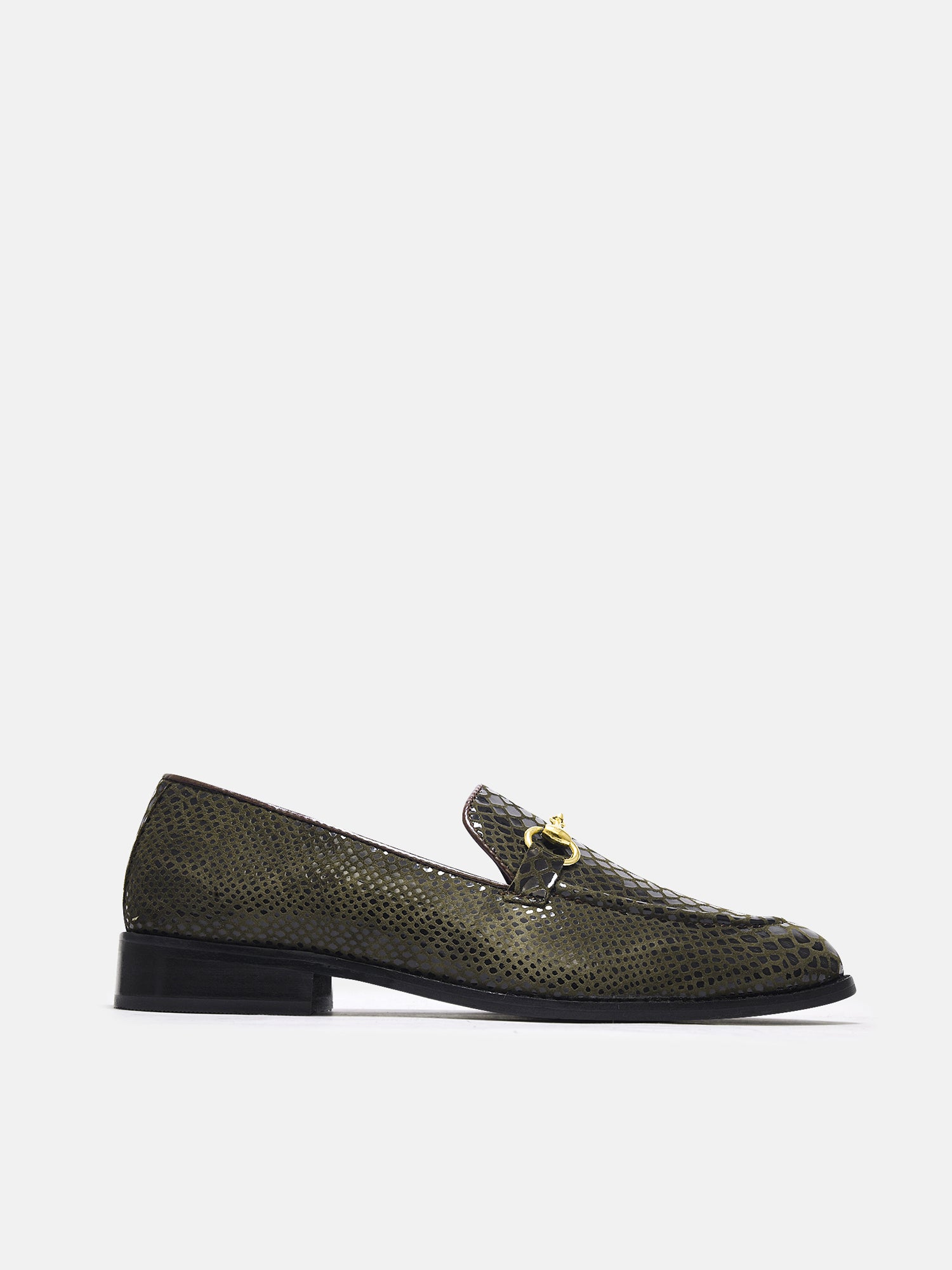 RNK's python textured brown loafers on mid  heel with horsebit buckle 