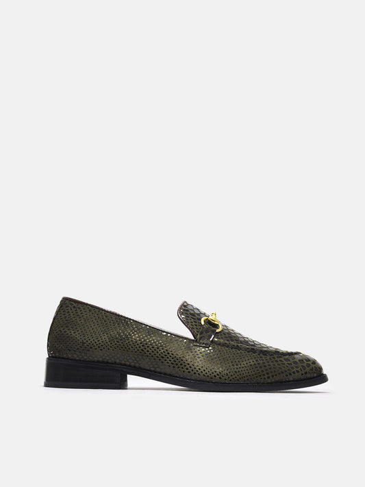 RNK's python textured brown loafers on mid  heel with horsebit buckle 