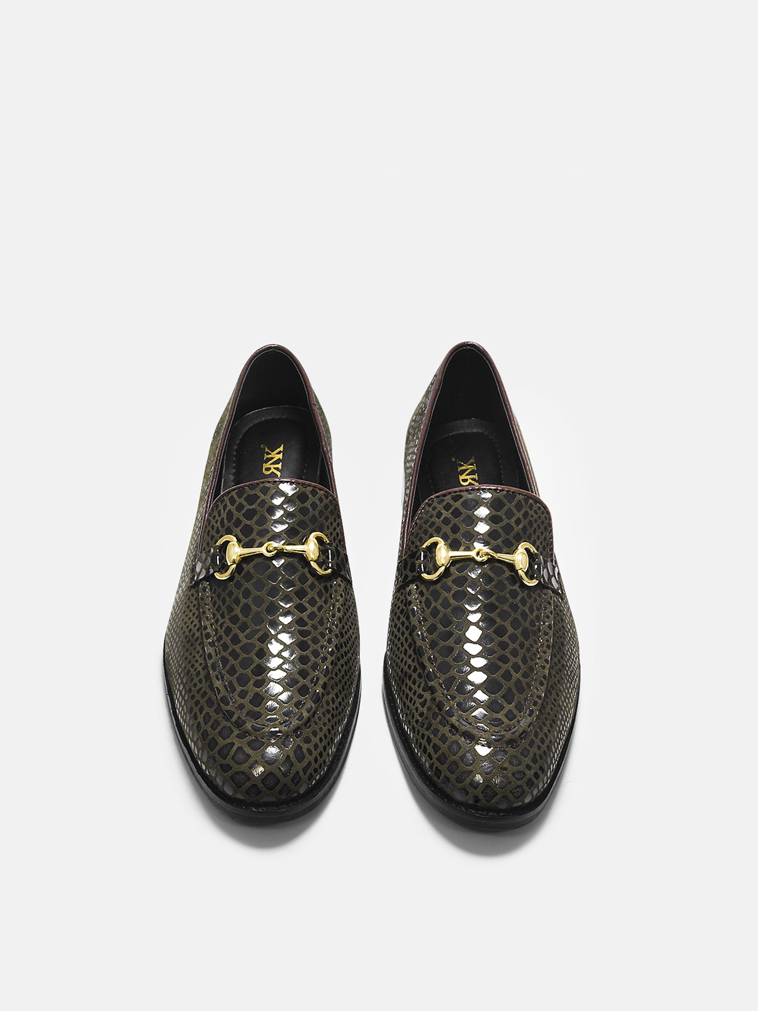 RNK's python textured brown loafers on mid  heel with horsebit buckle 