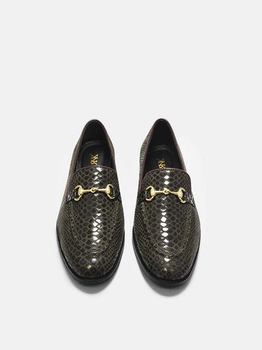 RNK's python textured brown loafers on mid  heel with horsebit buckle 