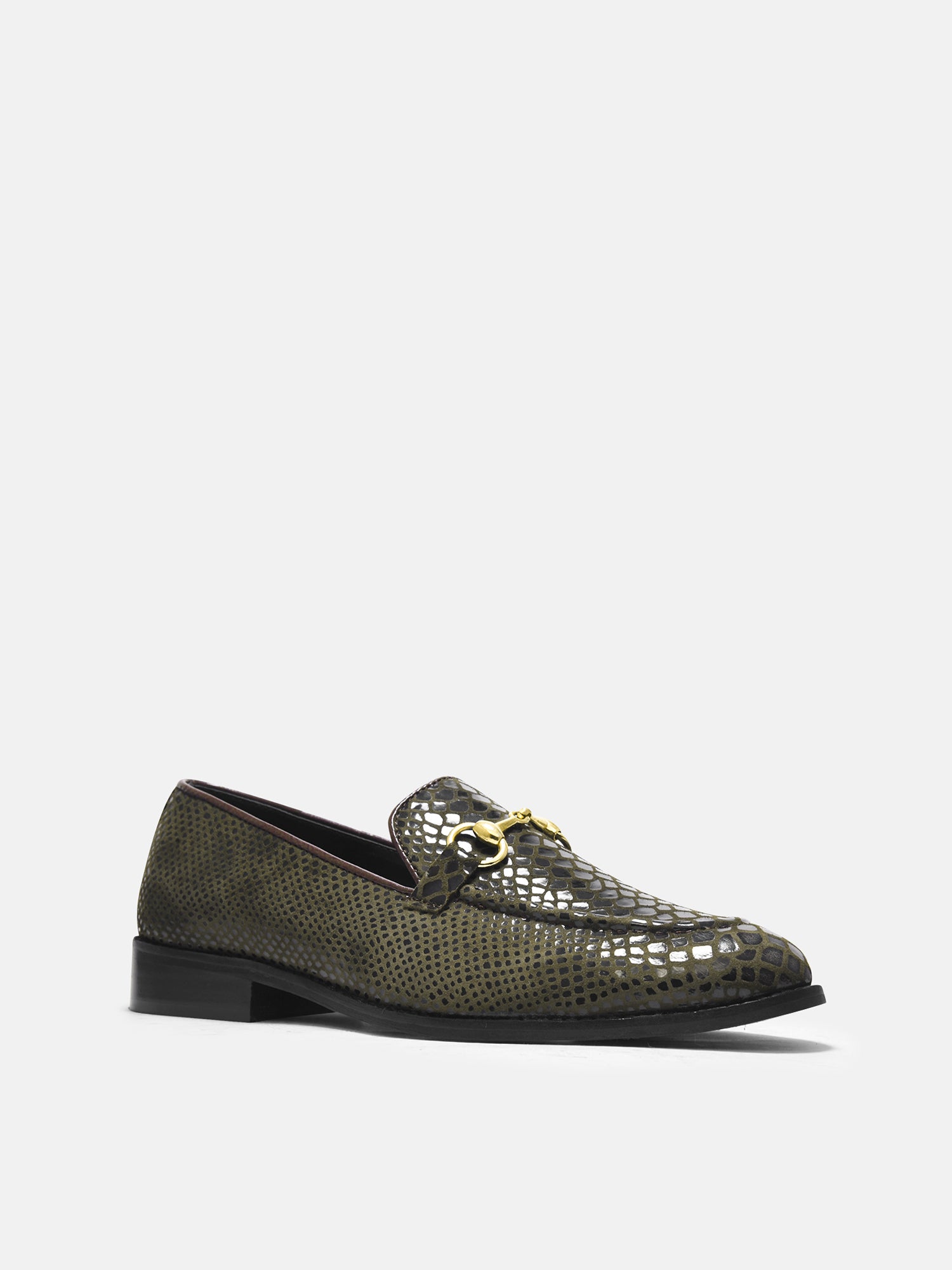 RNK's python textured brown loafers on mid  heel with horsebit buckle 