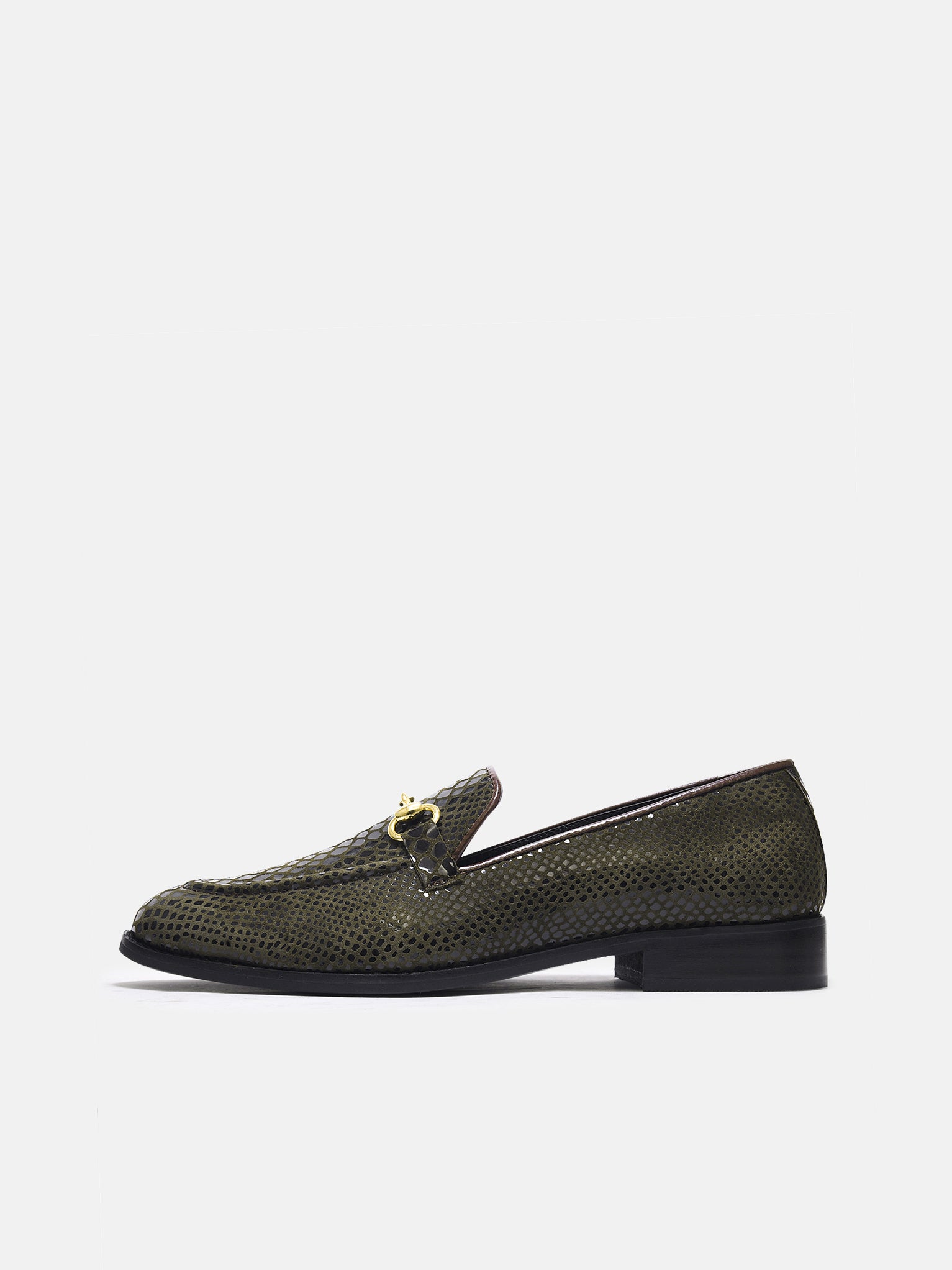 RNK's python textured brown loafers on mid  heel with horsebit buckle 