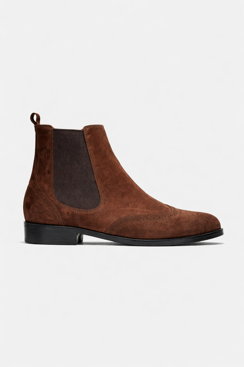 Brown leather shoe with textured pattern on a white background