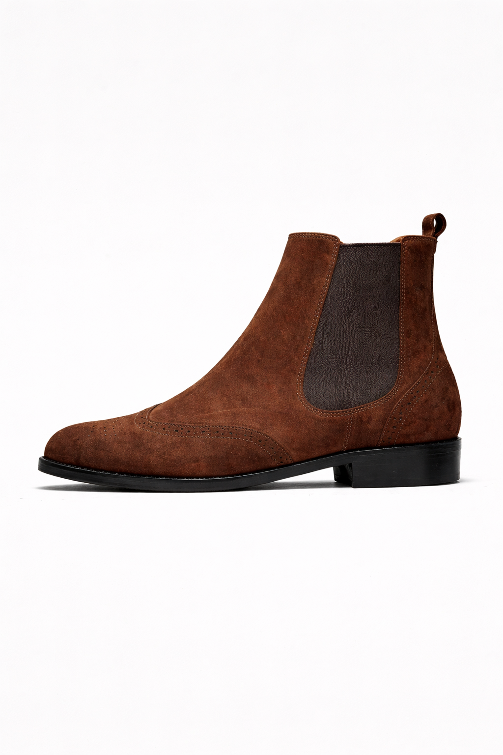 Brown suede Chelsea boot on a white background