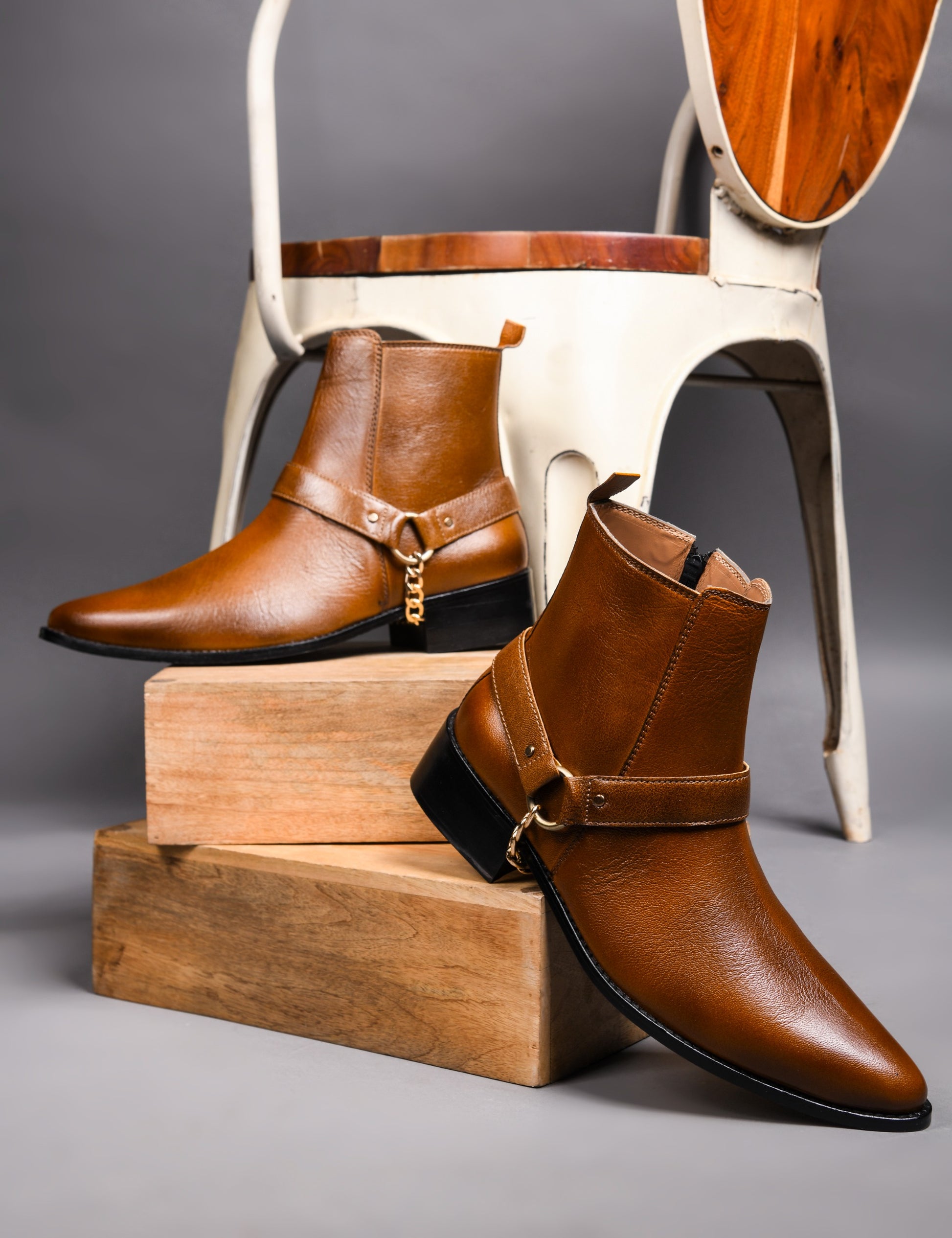 RNK Luxe Logan men's tan leather boots with gold chain detail and Cuban heel, pointed toe handcrafted luxury footwear