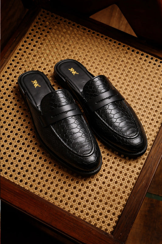Boston – Black Snake Texture Leather Mules | Premium Slip-On Luxury Shoes for Men | RNK Luxe