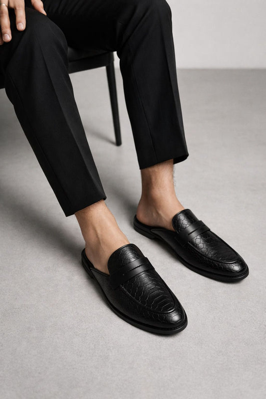 Boston – Black Snake Texture Leather Mules | Premium Slip-On Luxury Shoes for Men | RNK Luxe