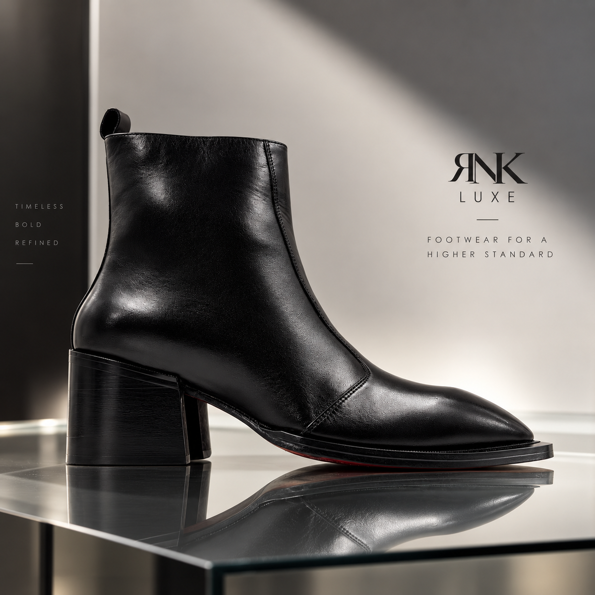 A black leather ankle boot with a chunky block heel and pointed toe, displayed on a reflective glass surface against a dark gray background with the brand name 'RNK LUXE' visible.