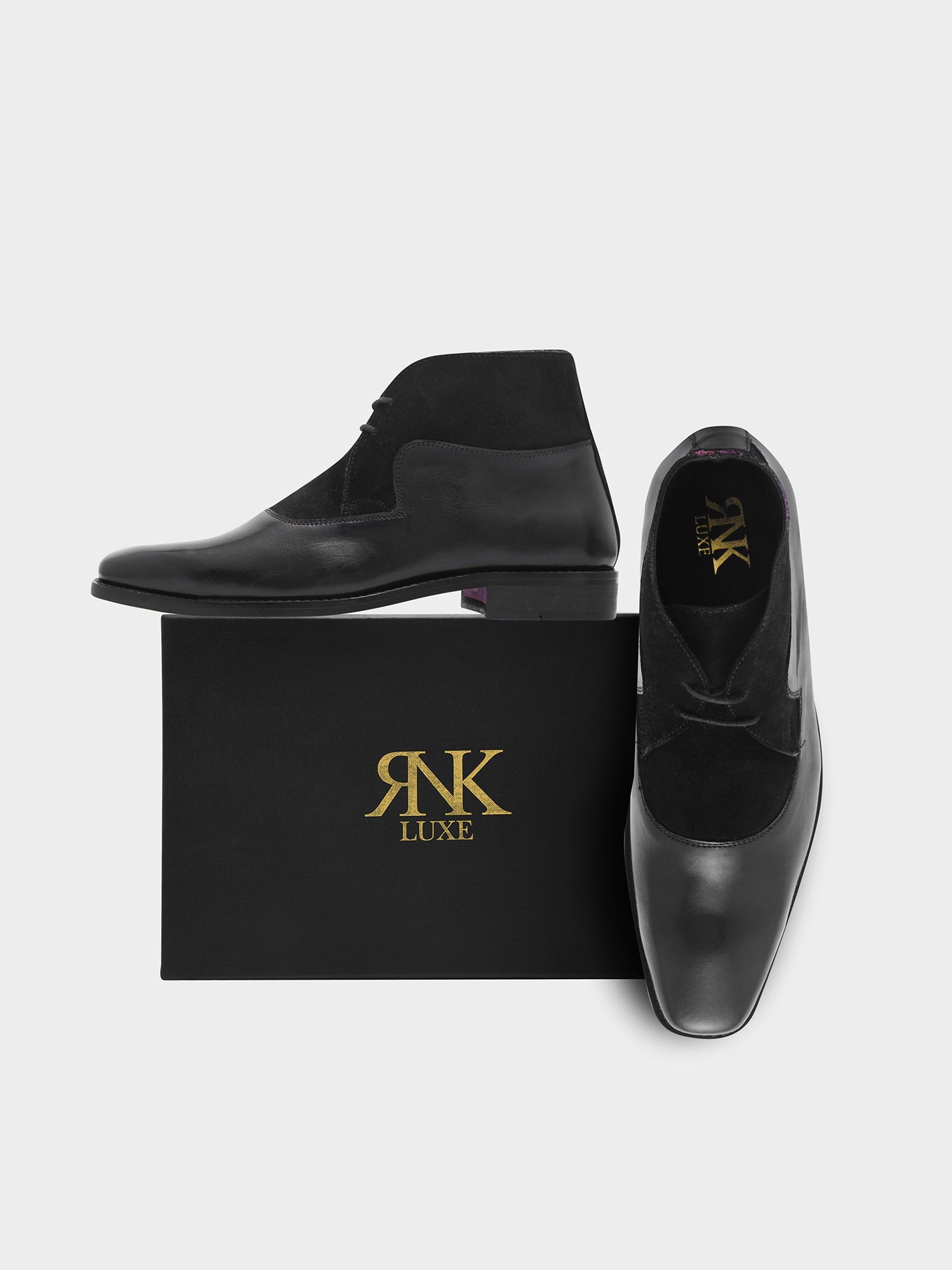 The Fusion (Jet Black) - Square Toe Chukka Boot in Black Suede & Calf Leather