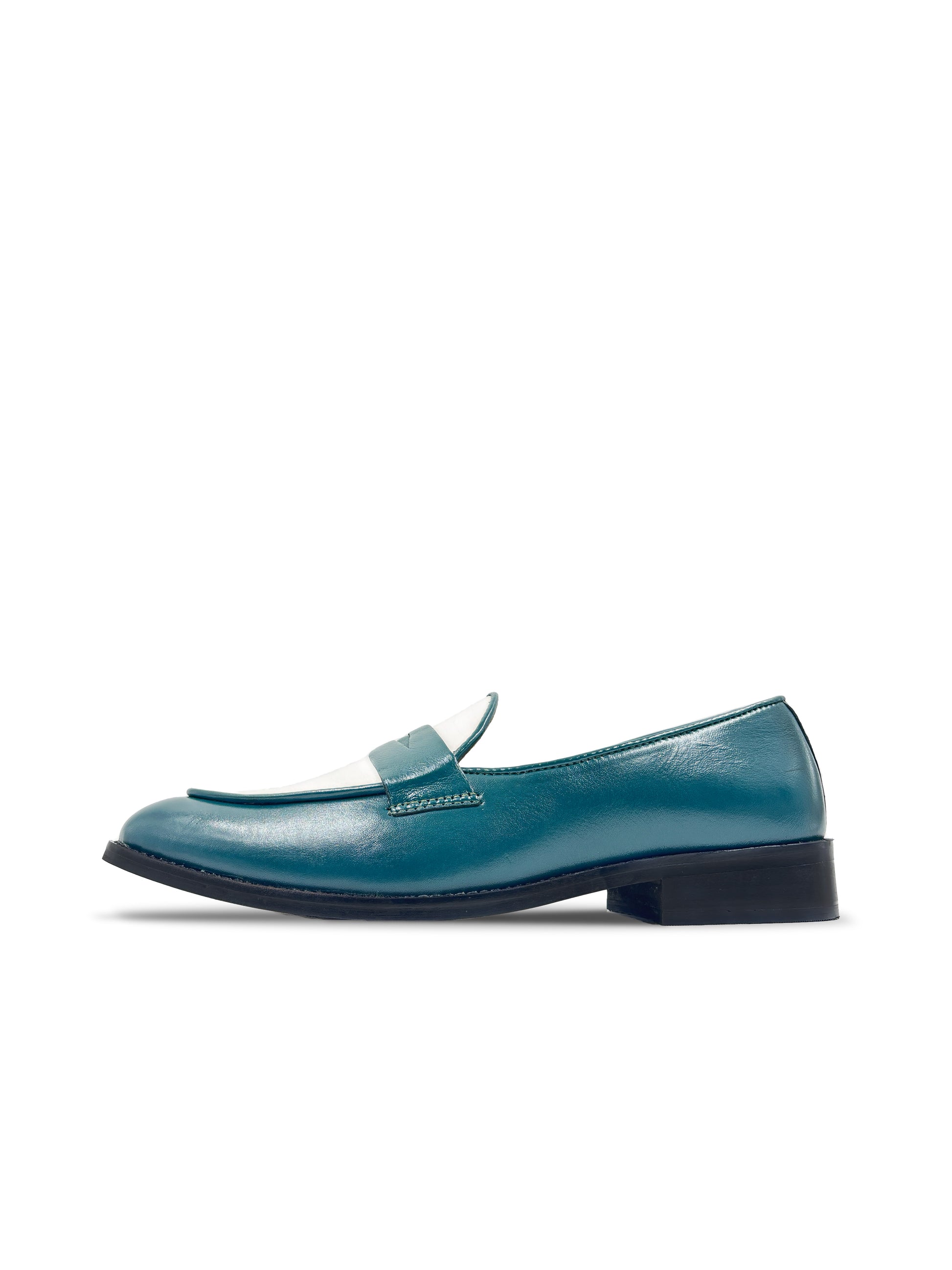 Green leather penny loafers with white leather finish on top on mid heel