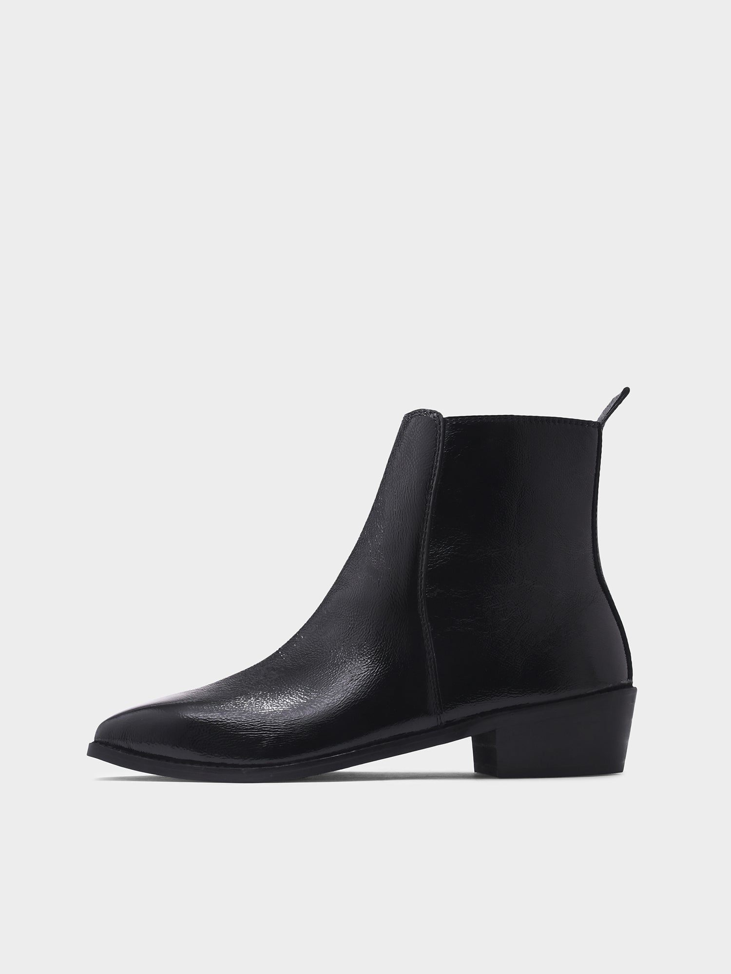 Black patent leather boots with side zipper on a Cuban heel
