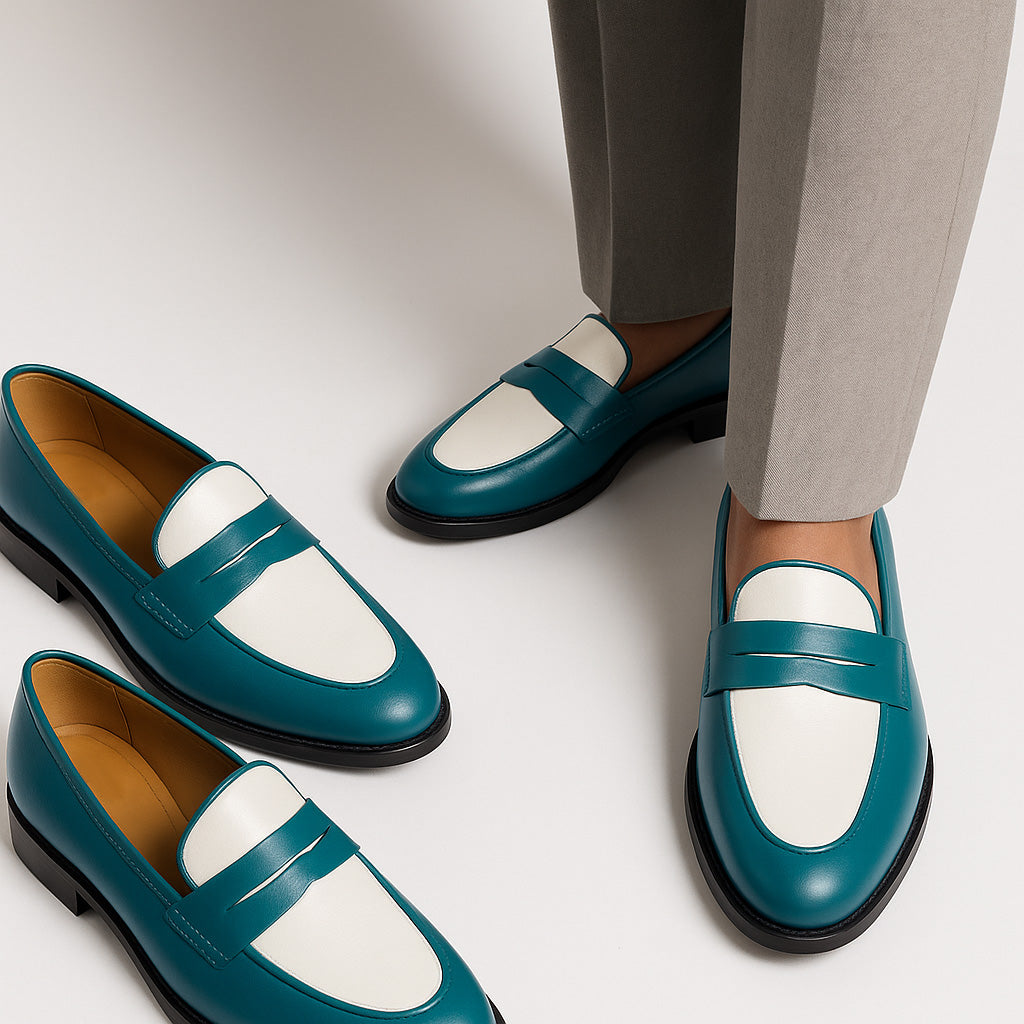 Green leather penny loafers with white leather on top on mid heel