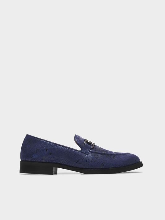 Blue snake-patterned penny loafer shoe on mid heel with a horsebit buckle