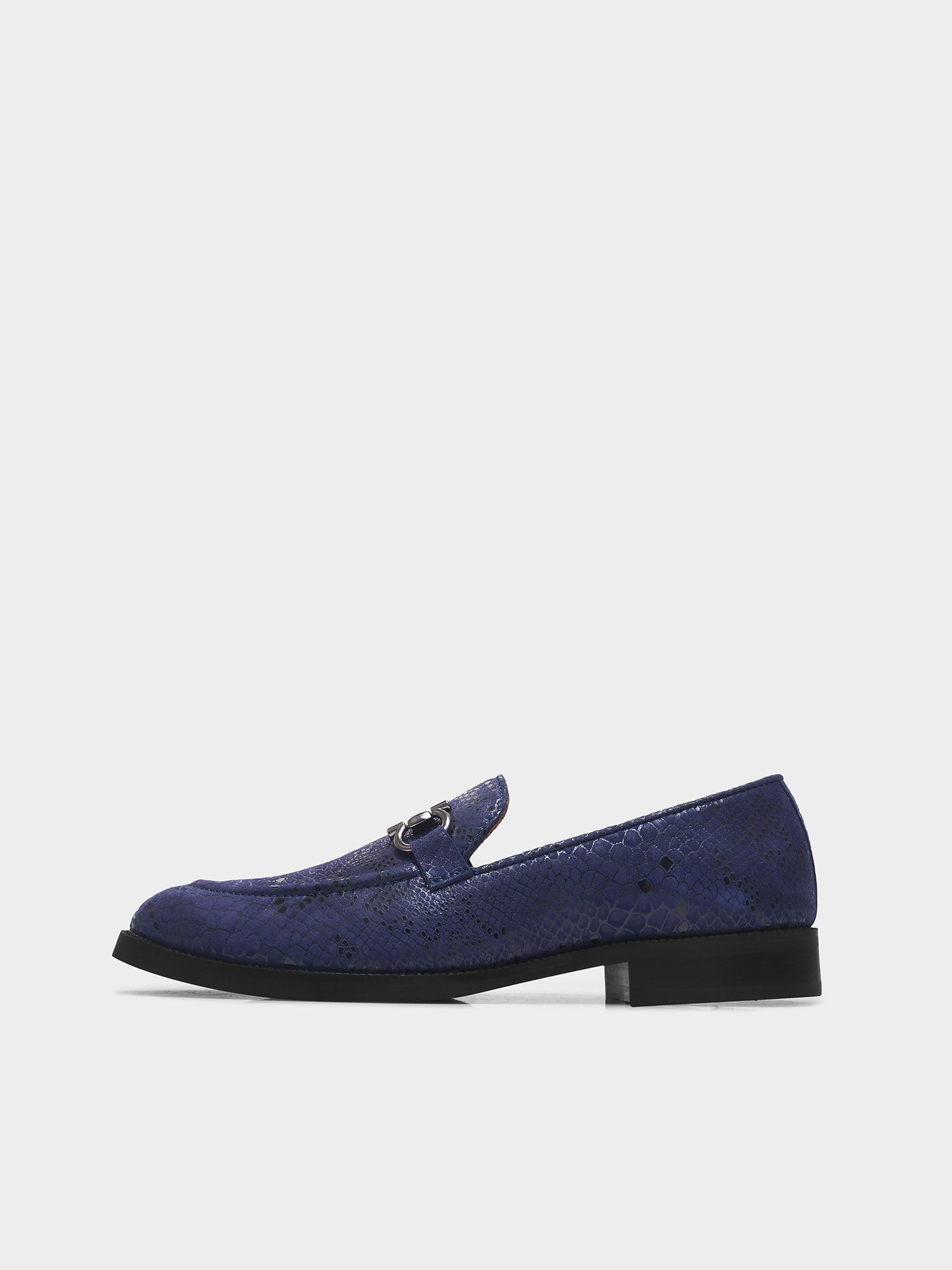 Blue snake-patterned penny loafer shoe on mid heel with a horsebit buckle