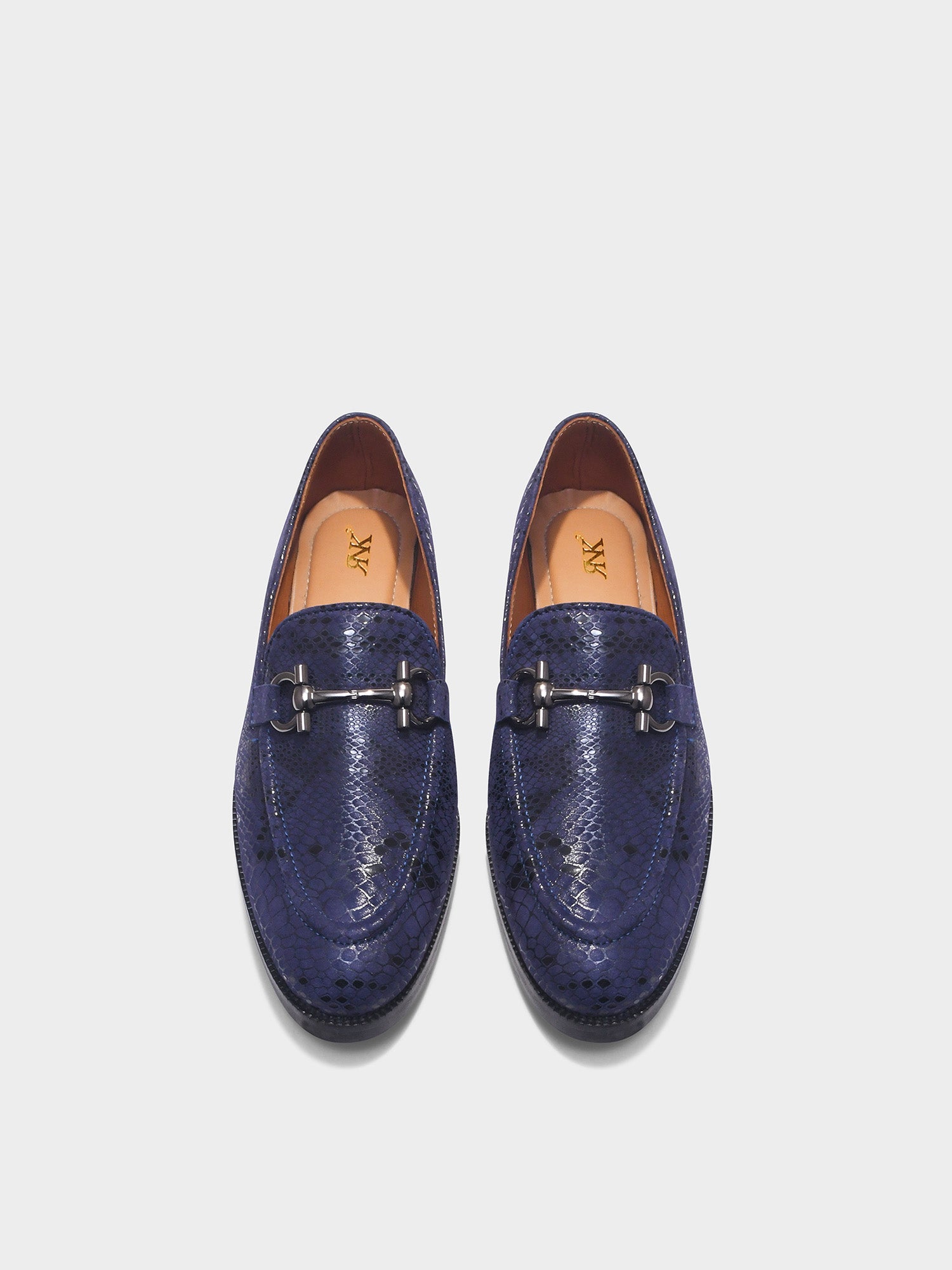Pair of blue penny loafers with a horsebit buckle in mid heel | RNK LUXE