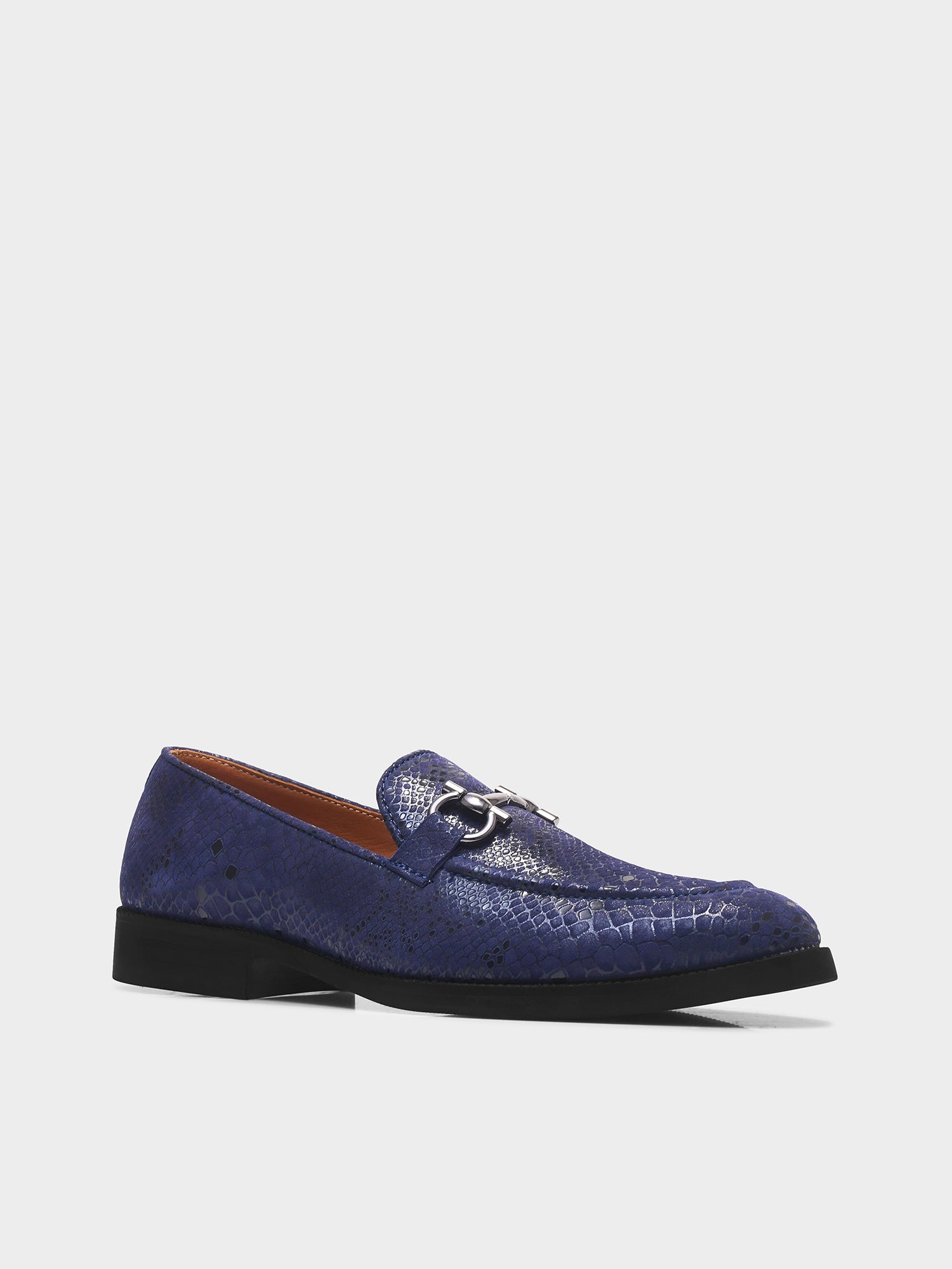 Blue snake-patterned penny loafer shoe on mid heel with a horsebit buckle