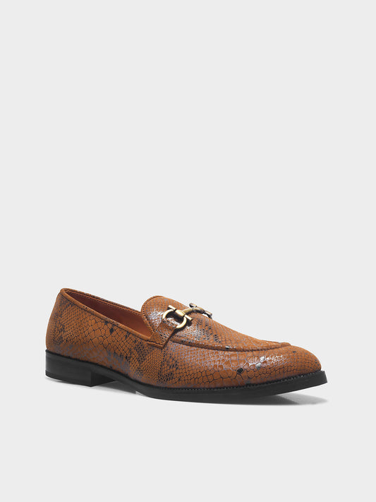Brown snake-patterned penny loafer shoe on mid heel with a horsebit buckle