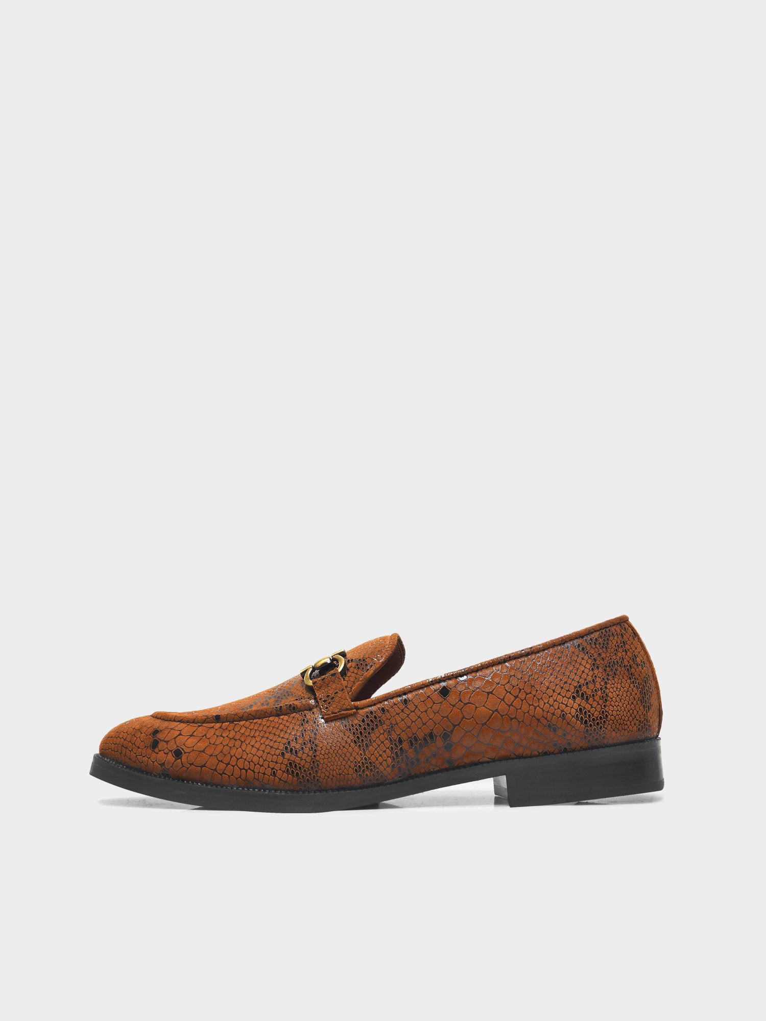 Brown snake-patterned penny loafer shoe on mid heel with a horsebit buckle