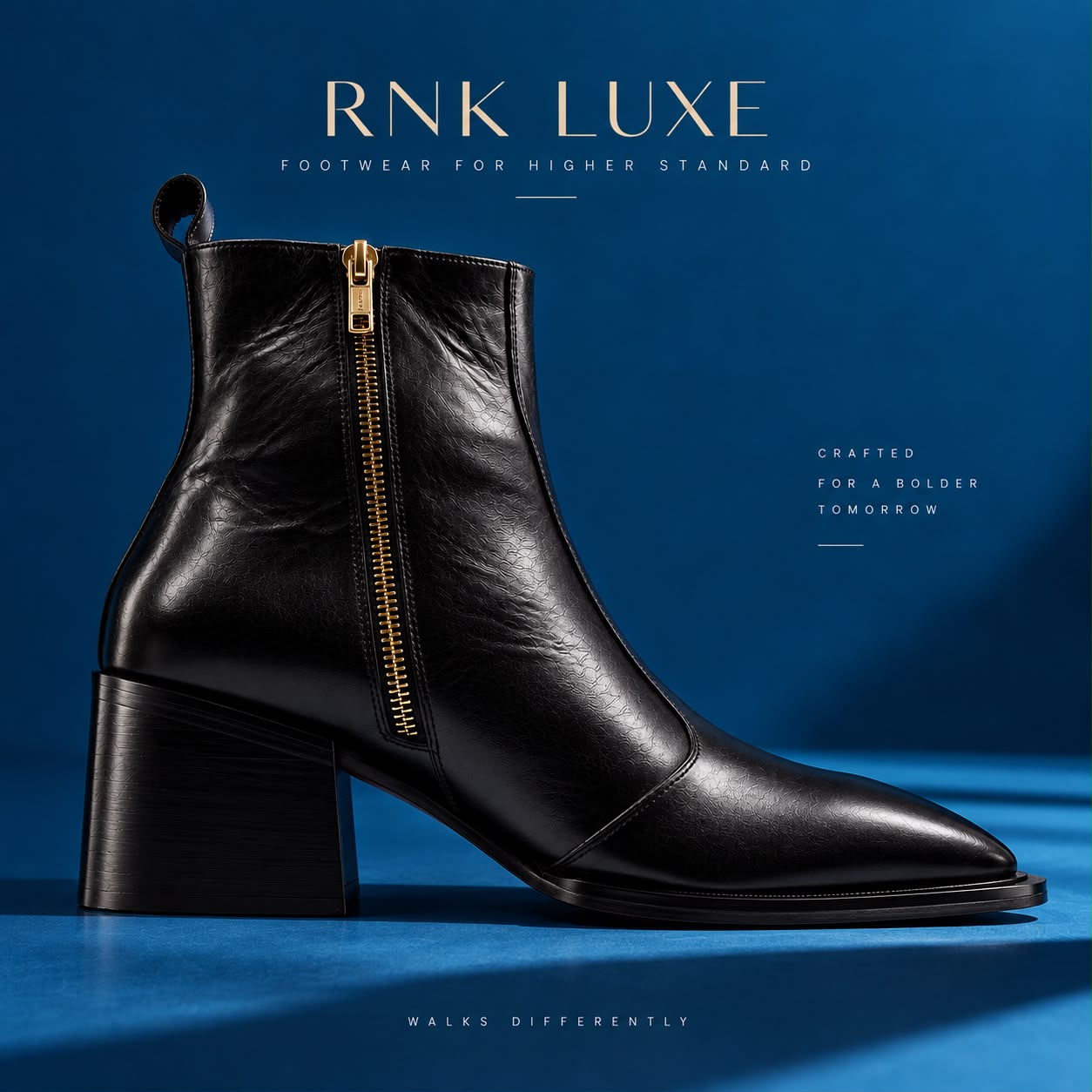 RNK Luxe Blaze black leather boot against a blue studio backdrop