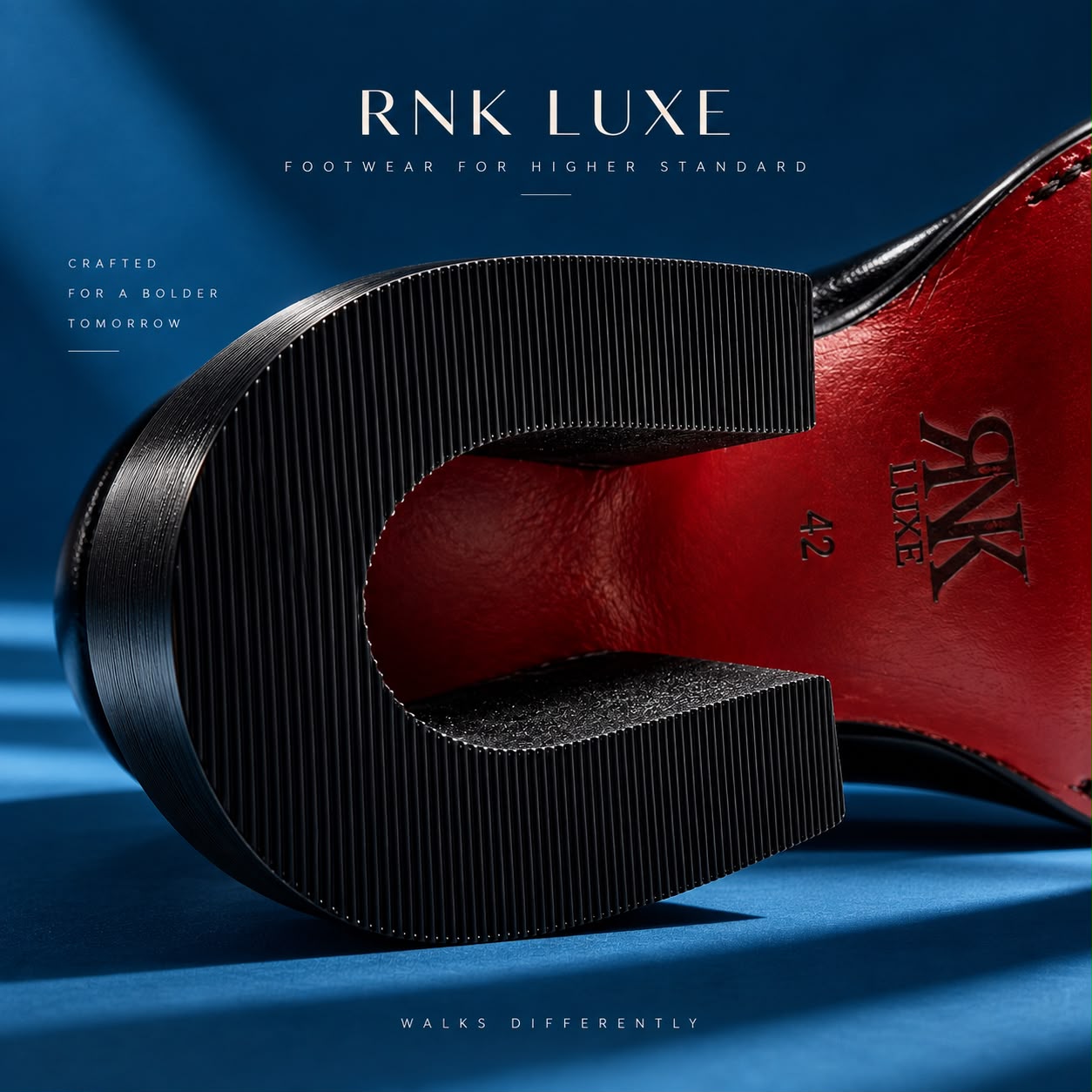 RNK Luxe signature red leather sole and sculpted heel detail